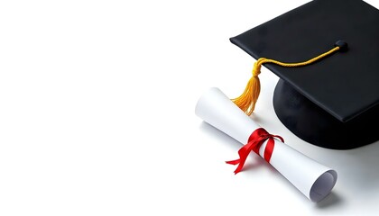 A diploma and graduation cap on a white surface, capturing the essence of graduation and educational achievement