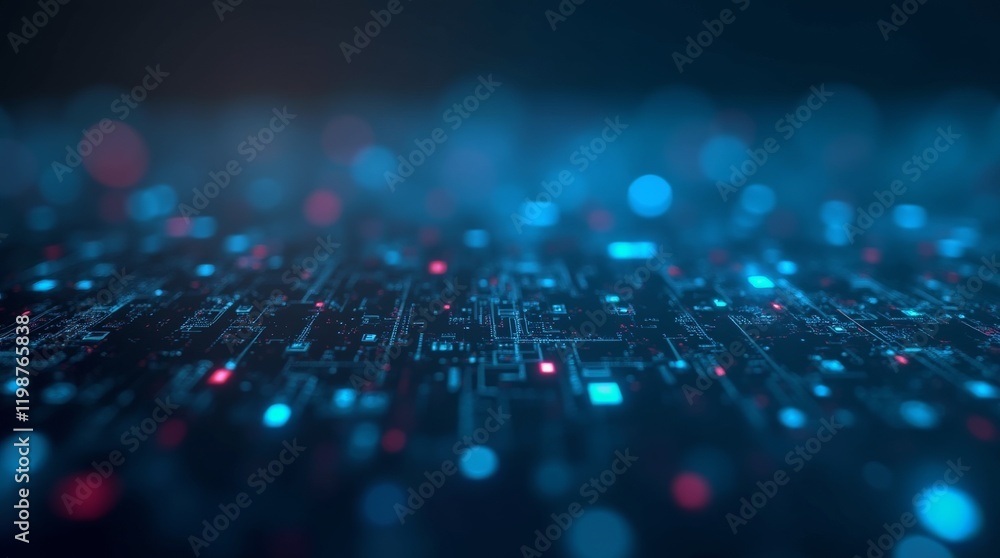 Poster abstract digital network with glowing blue and red lights on a circuit board background