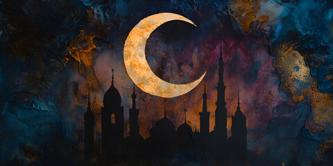 Abstract Mosque Silhouette with Glowing Crescent Moon