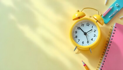 School supplies and an alarm clock featured on a striking yellow backdrop, evoking a dynamic educational atmosphere