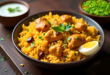 A Spicy Indian Biryani With Fragrant Basmati Rice, Tender Chicken, And Rich Spices, Served With A Side Of Raita And A Boiled Egg