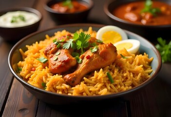 A Spicy Indian Biryani With Fragrant Basmati Rice, Tender Chicken, And Rich Spices, Served With A Side Of Raita And A Boiled Egg