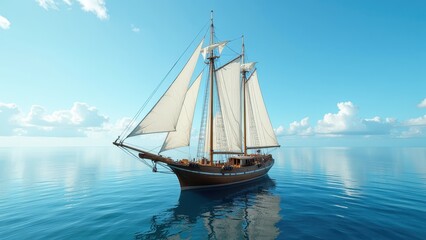 Fototapeta premium Majestic three-masted tall ship glides across ocean waves, its dark brown hull contrasting with pristine white sails reaching skyward under an expansive blue horizon