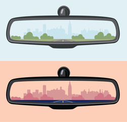 vector set of car rear view mirrors. reflection in automobile rear view mirror. transport illustrations. cityscape reflection in a mirror