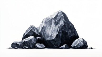 Monochromatic Charcoal Drawing of a Rock Formation on a Stark White Background, Showcasing Nature's Artistry and Textural Detail