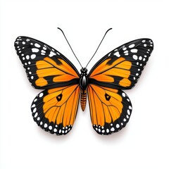 Fototapeta premium A photostock of a realistic butterfly with orange and black patterned wings, isolated on a clean white background, delicate and beautiful, High Quality