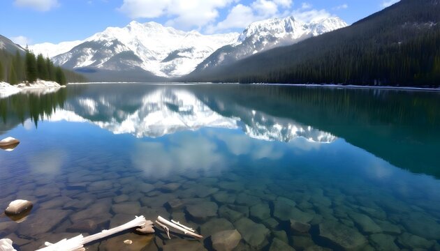 a mountain lake with clear water surrounded by trees