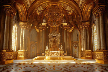 Obraz premium Fantastically beautiful throne of power of king or queen in throne room, abstract vivid composition consists of fictional unreal fantastic vision on background