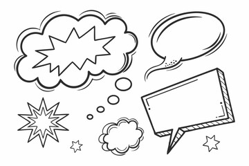 Speech bubbles, comic book style, empty dialog boxes, conversation template, communication icons, white background, black outlines, various shapes and sizes, minimalist design, clean lines, thought ba