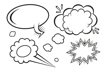 Speech bubbles, comic book style, empty dialog boxes, conversation template, communication icons, white background, black outlines, various shapes and sizes, minimalist design, clean lines, thought ba