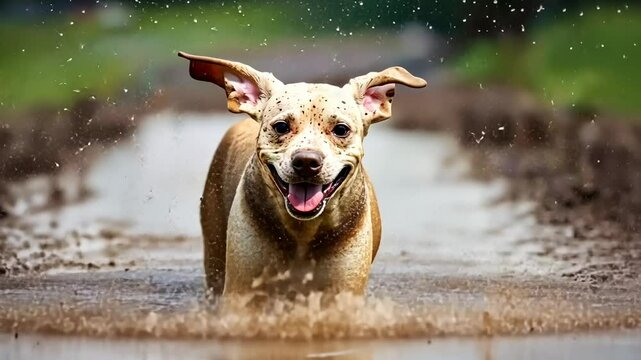 Happy Dog Running Through Mud Puddle, puppy, splashing, joyful, playful, fun
