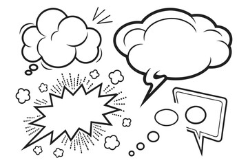 Speech bubbles, comic book style, empty dialog boxes, conversation template, communication icons, white background, black outlines, various shapes and sizes, minimalist design, clean lines, thought ba