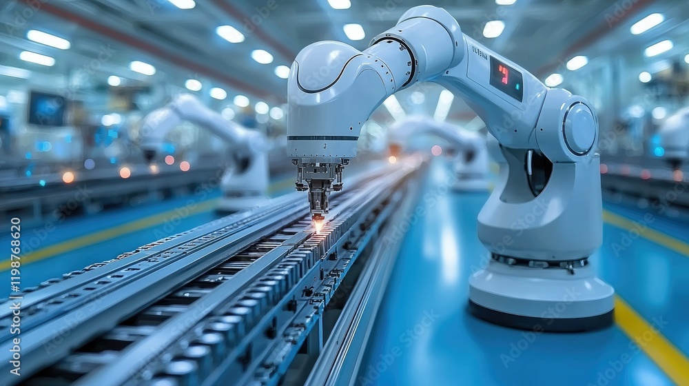 Poster industrial robot arm performing automated assembly line tasks