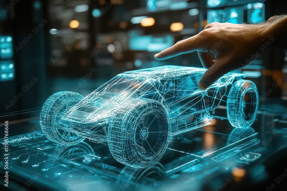 Poster detailed interaction with a futuristic vehicle's wireframe in a high-tech digital environment.