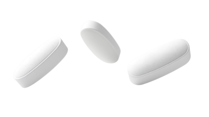 Three white pills floating in the isolated on a transparent background