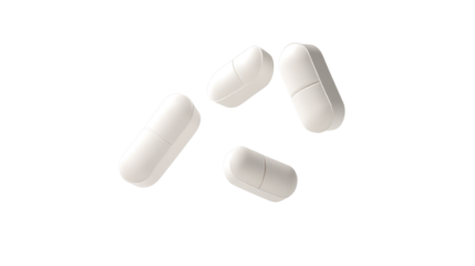 Three white pills floating in the isolated on a transparent background