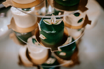 Close-up of green and white mini cakes with floral decorations, arranged on a tiered stand, showcasing intricate details and elegance.