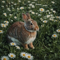 Fototapeta premium A rabbit sitting in a field of clovers and daisies.