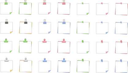 クリップや画鋲で留まったメモ用紙のベクター素材イラストセット