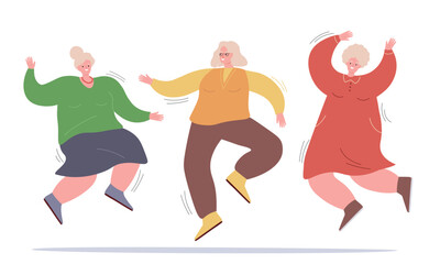 Elderly women dance and move actively. Old ladies are having fun. Vector flat graphics.