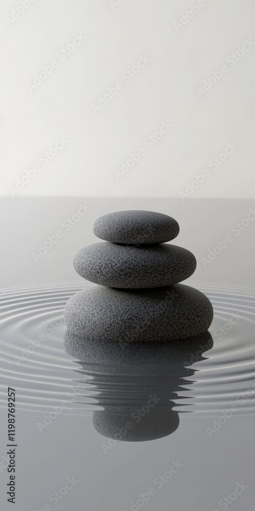 Aufkleber stack of smooth stones balanced on water, creating calming ripples in a minimalist setting.