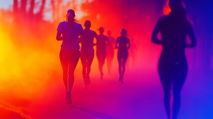 A group of runners jogging through colorful fog, creating a vibrant and dynamic atmosphere.