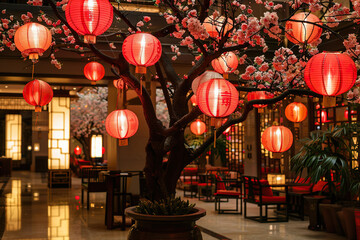 Beautiful holiday composition for happy celebrate chinese festival of lanterns, abstract vivid composition consists of fictional unreal fantastic vision on background