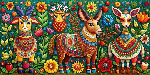 Fototapeta premium Ukrainian Karakoko Folk Art: Charming Ethnic Animals, Left Composition, Copy Space