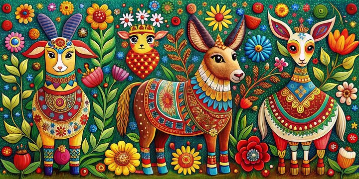 Ukrainian Karakoko Folk Art: Charming Ethnic Animals, Left Composition, Copy Space