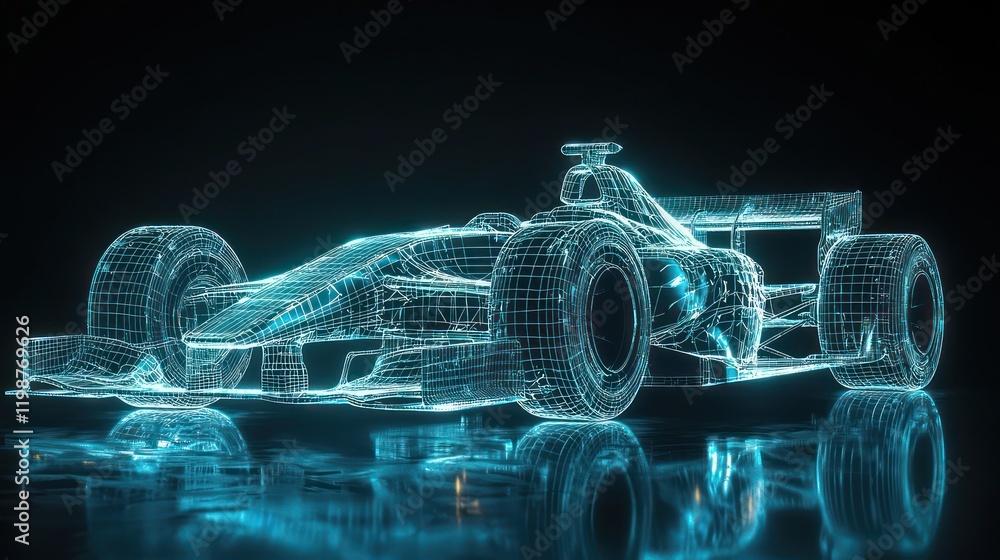 Poster generative ai techniques showcase a racing car hologram in a 3d wireframe.