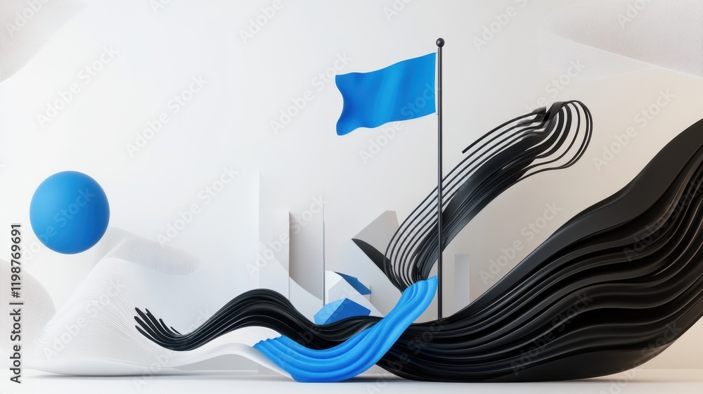 Aufkleber abstract 3d render: blue flag and dynamic black and white forms in minimalist composition