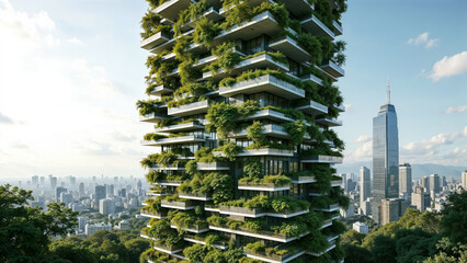 Obraz premium Modern eco-friendly high-rise building adorned with greenery amidst a city skyline