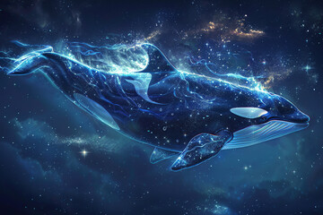 Fototapeta premium Fantastically beautiful majestic huge whale in deep blue ocean, abstract vivid composition consists of fictional unreal fantastic vision on background