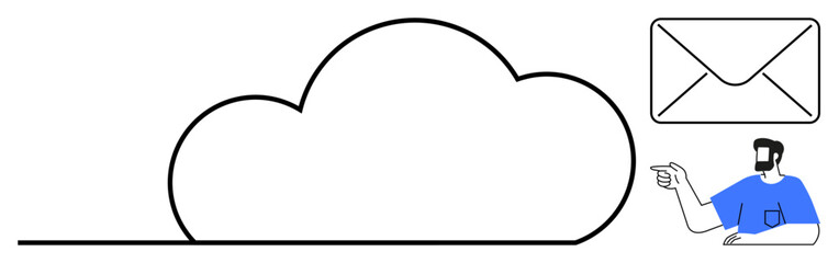 Black outlined cloud, envelope symbol, and person pointing simplify digital connectivity, emphasizing email communication, information storage, and cloud technology. Ideal for tech, communication