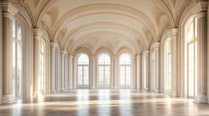 Fototapeta premium A breathtaking indoor space featuring classical architecture, large windows, and elegant columns, perfect for showcasing natural light and spacious design.