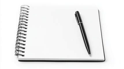 A blank spiral notebook with a black pen on a white background, ideal for writing, sketching, or planning.