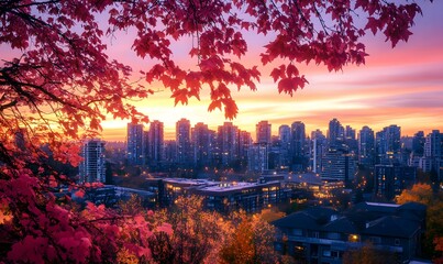 Obraz premium serene sunset view with pink leaves and city skyline in background, Generative AI