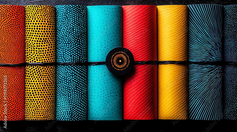 Poster creative flat lay of various themed card materials featuring bright colors and unique patterns for a
