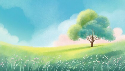 Fototapeta premium 穏やかな風景画のメッセージカード（青空、自然、木）