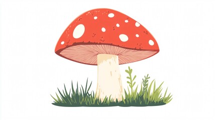 Whimsical Red Mushroom with White Spots in Lush Green Grass - A Vibrant Botanical Illustration