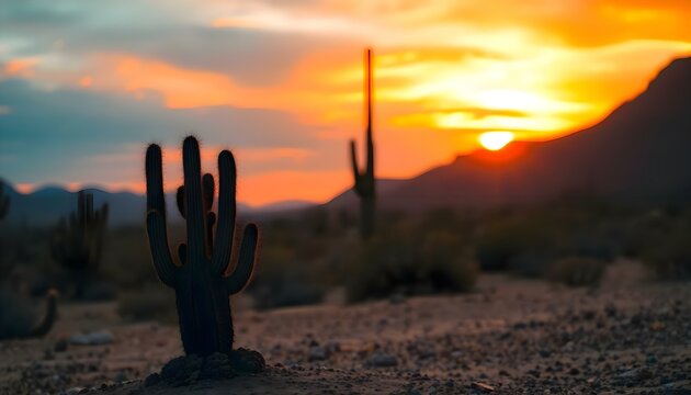 a cactus in the desert with a sunset in the background