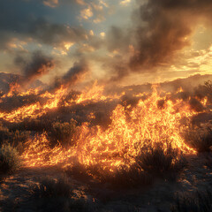 Naklejka premium Wildfire consumes vegetation at sunset in a mountainous region creating a dramatic landscape