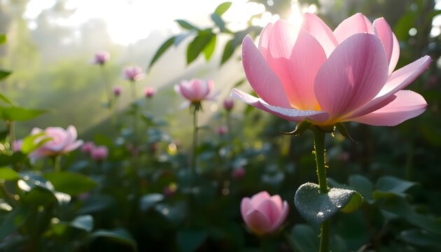 a pink flower is blooming in a garden - Powered by Adobe