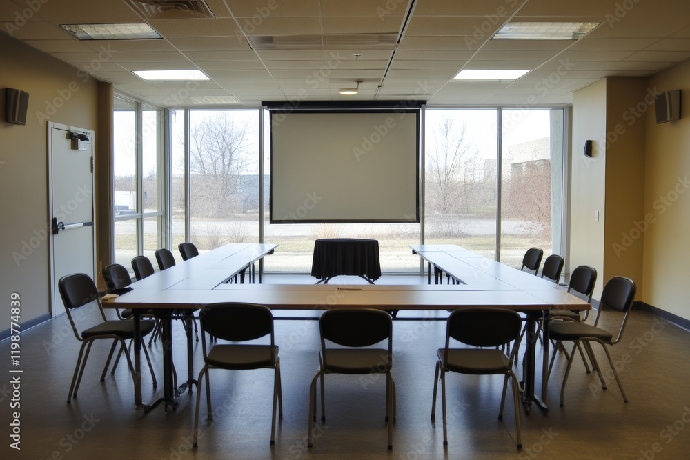 Poster a large conference room with a projector screen and a table in the middle. there are many chairs aro