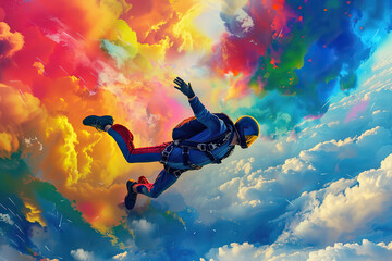 Parachutist with parachute makes heavenly adventure against on nature landscape, abstract vivid composition consists of fictional unreal fantastic vision on background