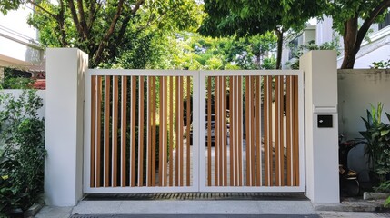 Obraz premium Charming house gate made of vertical wooden slats framed by white-painted steel for a cozy suburban aesthetic