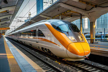 Fototapeta premium Modern big high-speed train in fast motion passes through railway stations, abstract vivid composition consists of fictional unreal fantastic vision on background