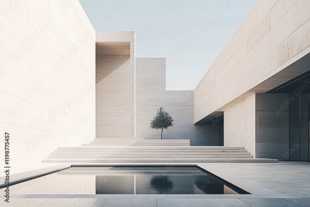 Poster a serene modern minimalist architectural scene featuring a single tree near a reflective pool, surro