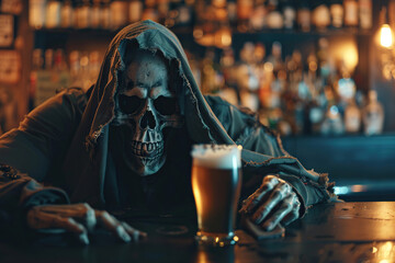Scary grim reaper with sharp scythe in hell with dark dramatic color, abstract vivid composition consists of fictional unreal fantastic vision on background