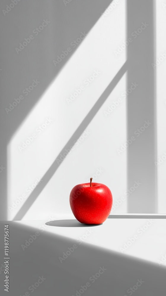 Poster a single bright red apple rests elegantly on a minimalist surface, illuminated by soft light and cas